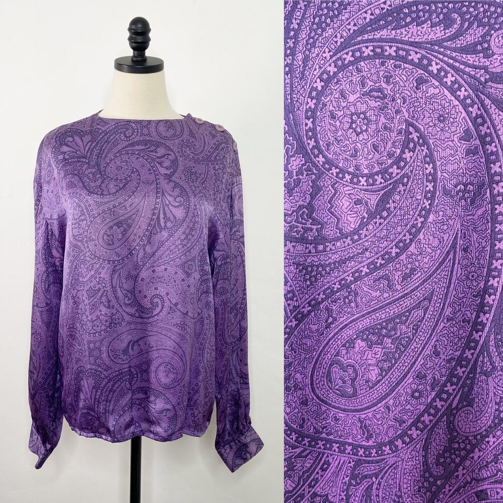 Vintage Salvatore Ferragamo Paisley Blouse Purple Silk 80s Work Boho Size 10
